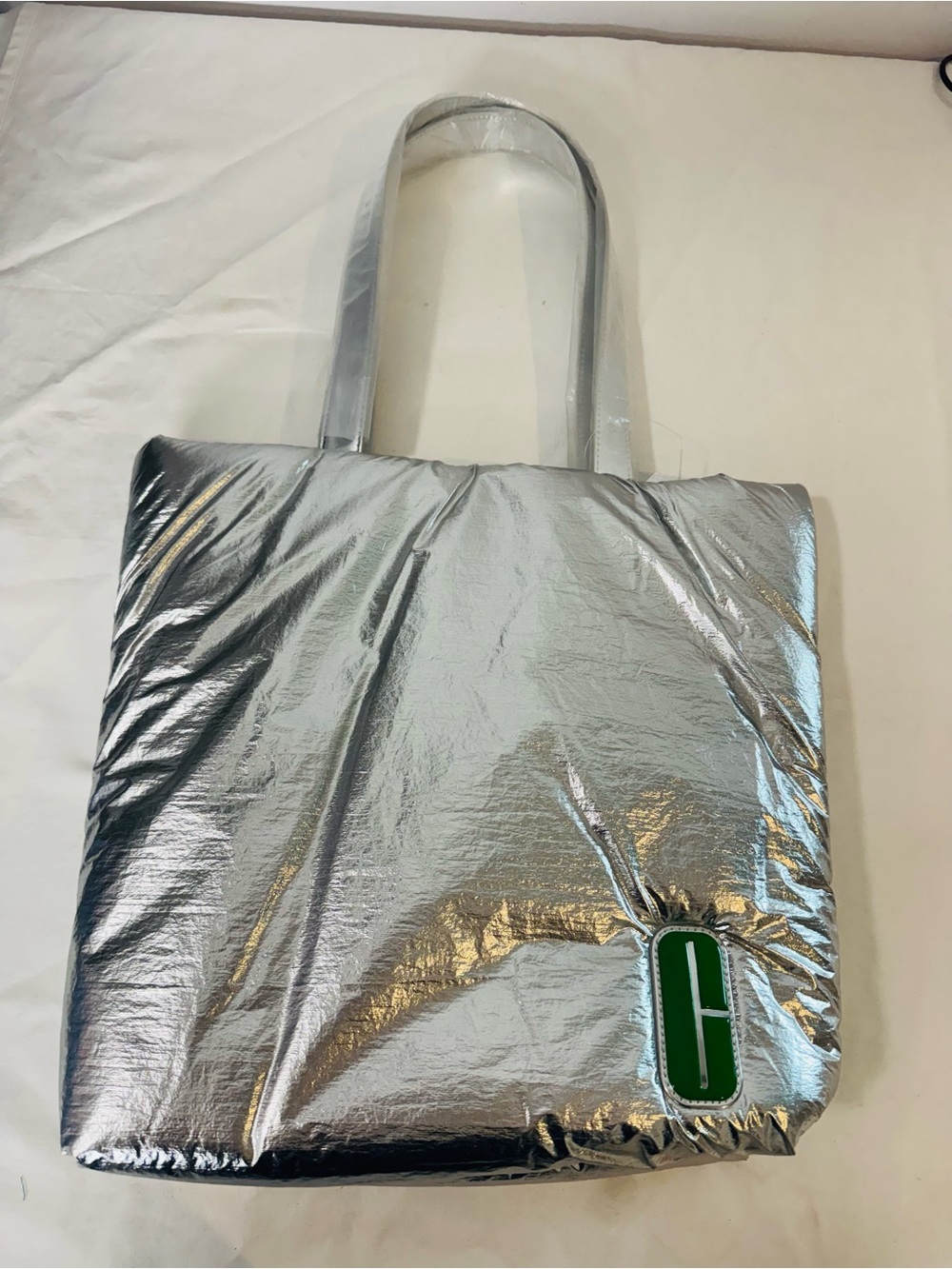 Silver Tote Bag with Green Logo - Women's Fashion Tote